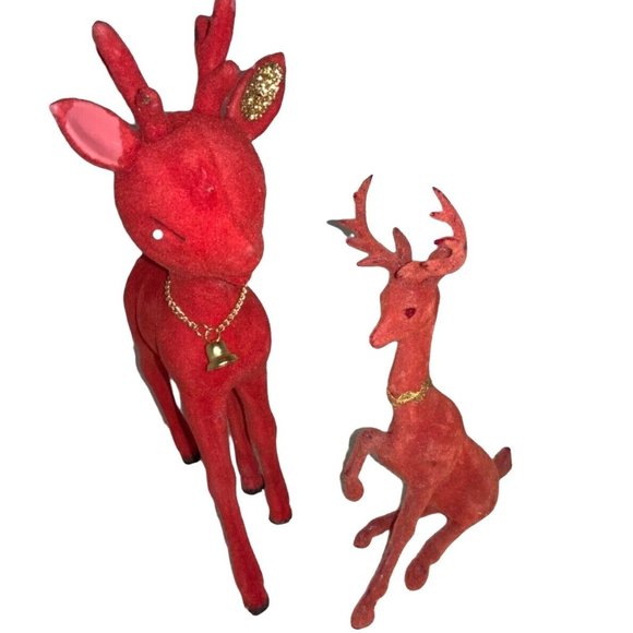 Red Flocked Felt Christmas Reindeer 2 Vintage Deer - Picture 4 of 16